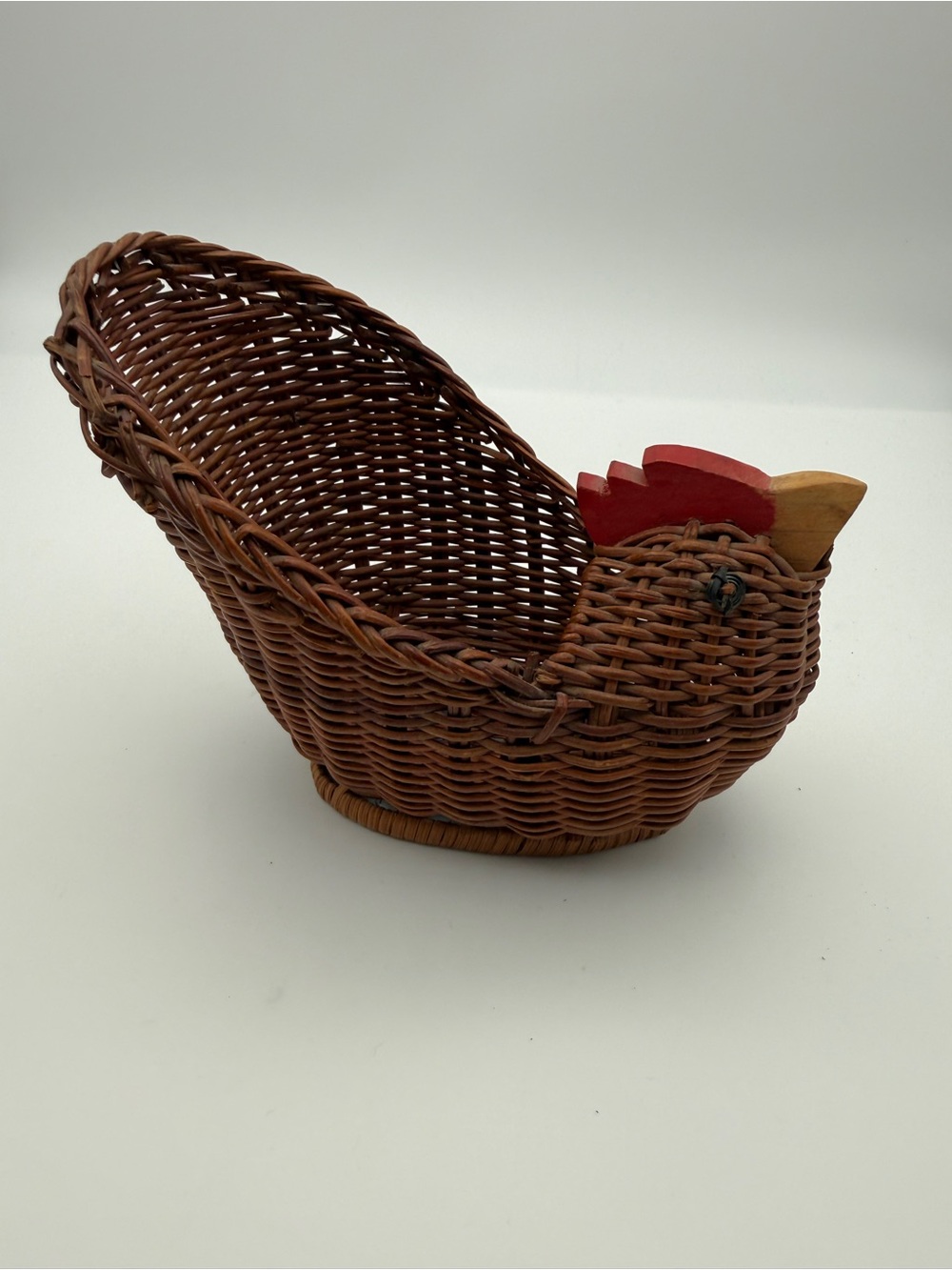 vintage woven wicker chicken turkey rooster basket with carved wooden detail